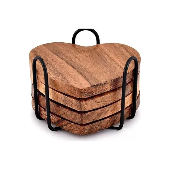 Artístico - Posavasos de madera con forma de corazón y soporte de metal para decoración de mesa