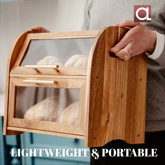 Caja de pan de madera de Acacia doble grande, contenedor de almacenamiento para cocina