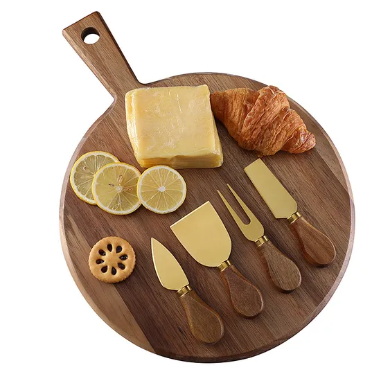 Tabla de cortar de madera de Acacia personalizada, tabla de queso y juego de cuchillos para cocina