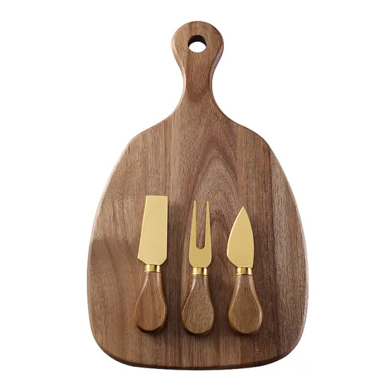 Tabla para servir queso de madera de acacia fácil de limpiar con asas y cuchillos negros