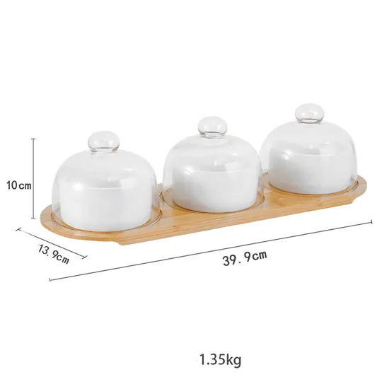 Cuenco vendedor caliente para servir con bandeja de madera y tapa de vidrio abovedado para cuenco de postre de cerámica para aperitivos de frutas