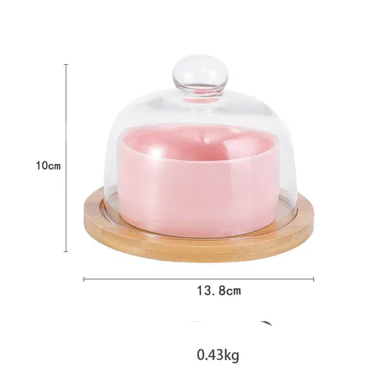 Mini soporte redondo para pasteles de madera de bambú con cúpula de vidrio y tazones de cerámica para pasteles y platos de queso