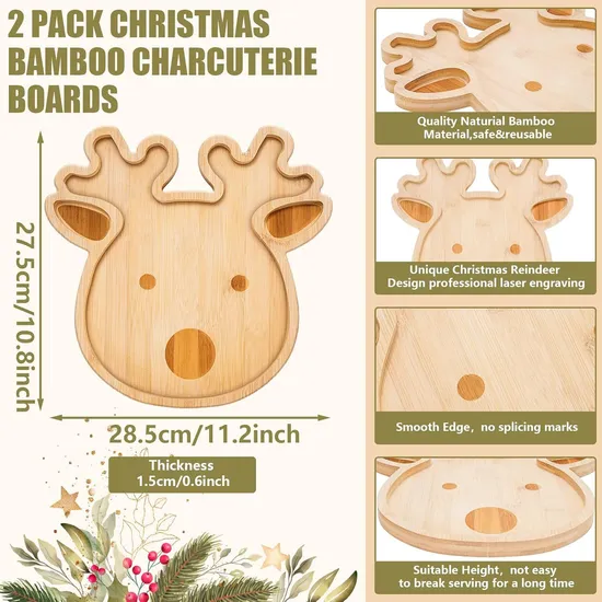 2 bandejas navideñas de bambú con forma de reno para servir queso, aperitivos y embutidos en la fiesta de Navidad