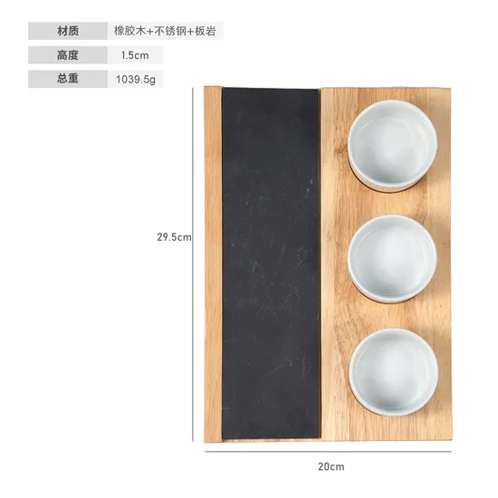 Tabla de cortar de madera de caucho con pizarra y 3 vasos para salsas