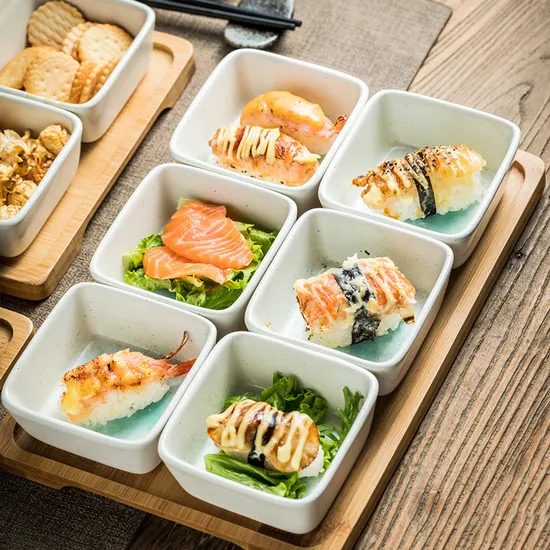 Bandeja de bambú para servir con platos de cerámica para servir con 6 compartimentos