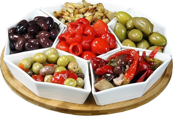Juego de servidor para aperitivos y condimentos de cerámica blanca de 6 compartimentos con bandeja de bambú