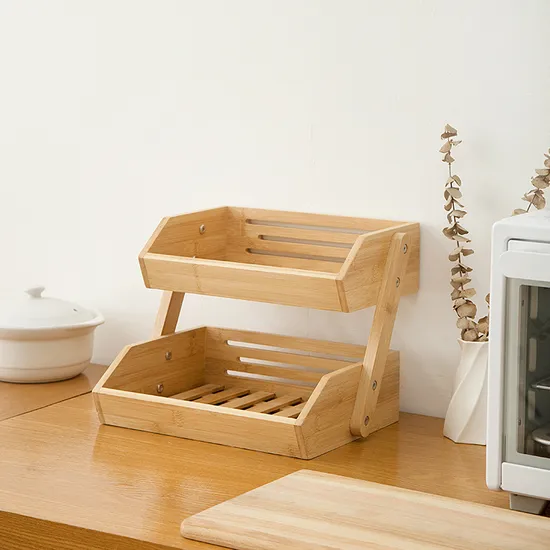 Cesta de almacenamiento de bambú de 2 niveles para encimera para frutas, verduras y pasteles