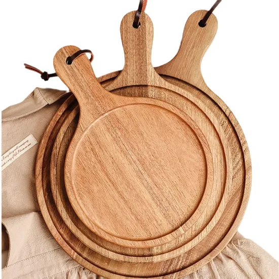 Juego de 3 bandejas redondas de madera para servir pizza con asa