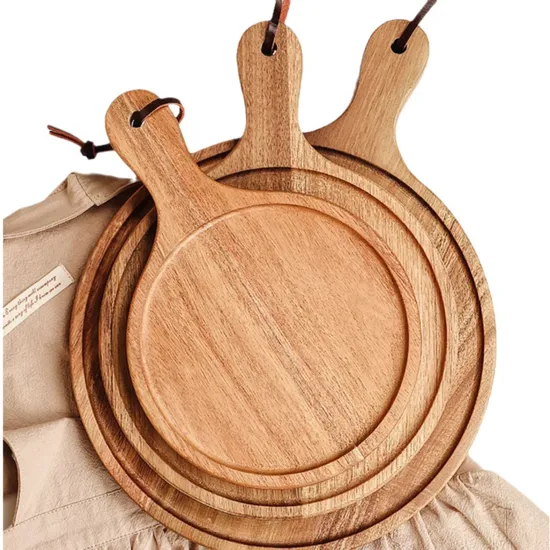 Juego de 3 bandejas redondas de madera para servir pizza con asa