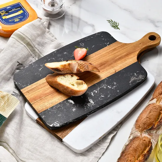 Tablero de charcutería de mármol y madera de acacia de forma redonda con mango