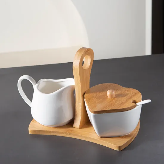 Juego de servicio de café con crema y azúcar de cerámica blanca de 3 piezas con tapa y bandeja de bambú para servir