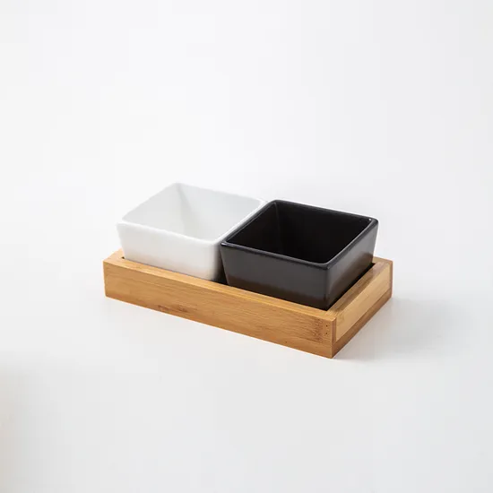 Juego de platos de cerámica para servir con bandeja de bambú