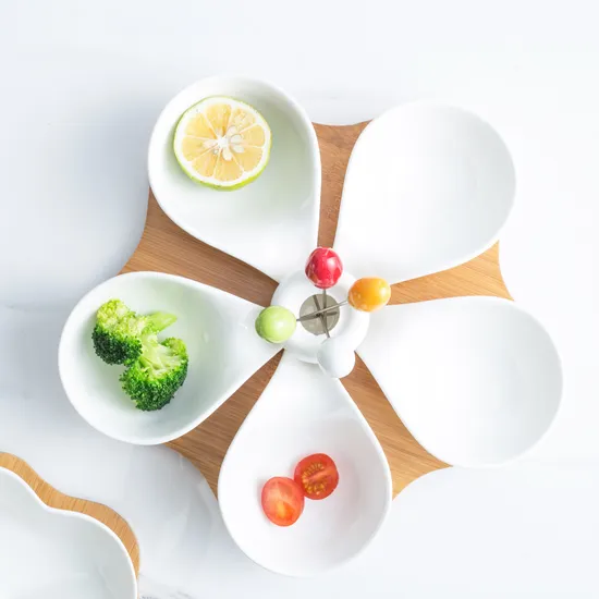 Ensaladera de cerámica de 5 rejillas y plato para salsa con bandeja de bambú para servir té de la tarde, frutas, postres y nueces