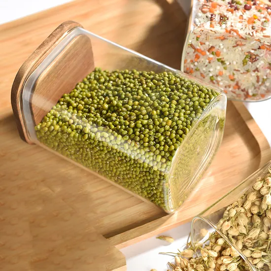 Fabricación de contenedores de almacenamiento de vidrio, recipiente de vidrio transparente para alimentos con tapa de bambú hermética