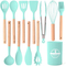 Juego de utensilios de cocina de silicona multiusos, 12 Uds., herramientas de cocina, utensilios de cocina con mango de madera y soporte de almacenamiento
