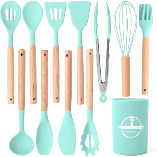 Juego de utensilios de cocina de silicona multiusos, 12 Uds., herramientas de cocina, utensilios de cocina con mango de madera y soporte de almacenamiento