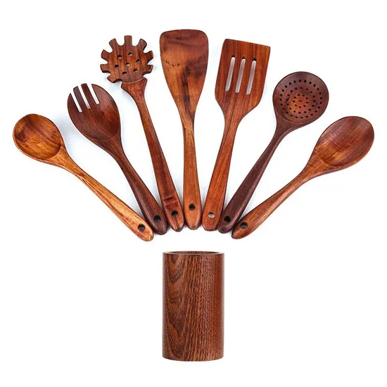 Herramientas de cocina determinadas vendedoras calientes del utensilio de cocina de madera de la teca con el resto y el tenedor de la cuchara