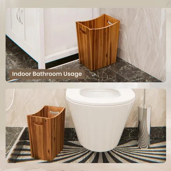 Papelera pequeña de madera de Acacia con asas para baño