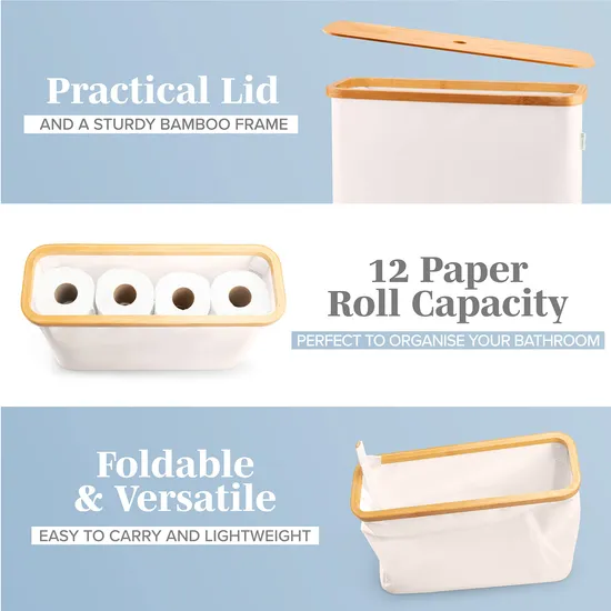 Elegante Almacenamiento de Papel Higiénico de Color Beige para 12 Rollos con Tapa de Bambú