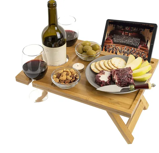 Mesa de vino portátil al aire libre de madera de bambú para playa, estante para vino, para Picnic