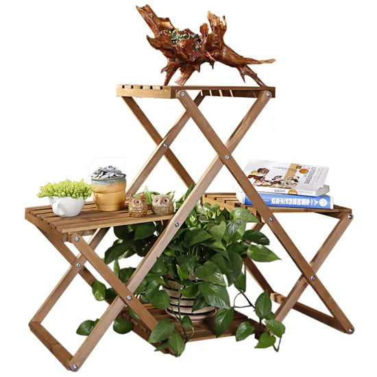 Estante de flores de madera Triangular móvil y plegable, soporte de exhibición para plantas, exterior e interior