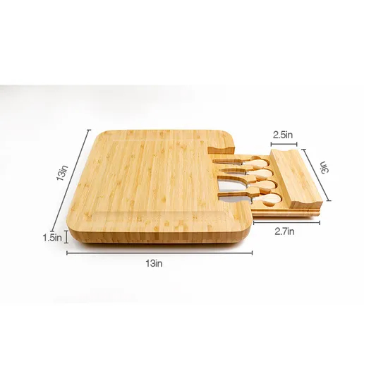 Tabla de quesos de bambú cuadrada de 13 pulgadas con cajón y juego de cuchillos de la fábrica de Fujian