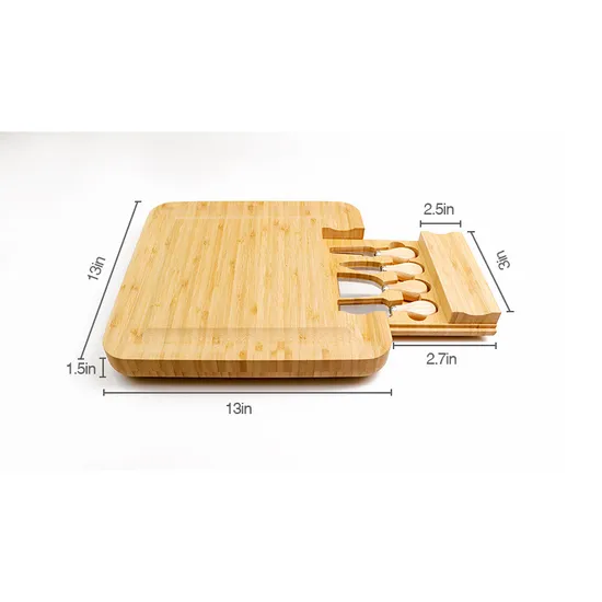 Tabla de quesos de bambú cuadrada de 13 pulgadas con cajón y juego de cuchillos de la fábrica de Fujian