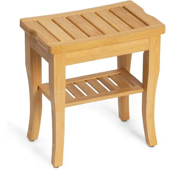 Taburete de ducha de bambú, banco de ducha con estante de almacenamiento de 2 niveles para baño