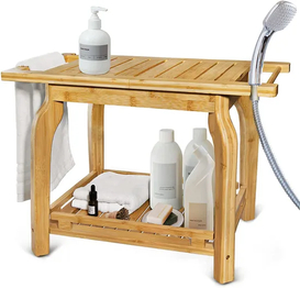 Taburete de madera multifuncional para cambiar zapatos, taburete de ducha de baño de bambú de dos capas con suspensión de toalla