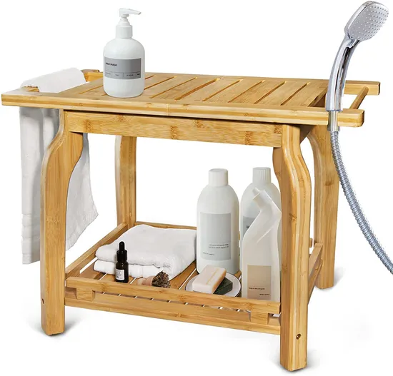 Taburete de madera multifuncional para cambiar zapatos, taburete de ducha de baño de bambú de dos capas con suspensión de toalla
