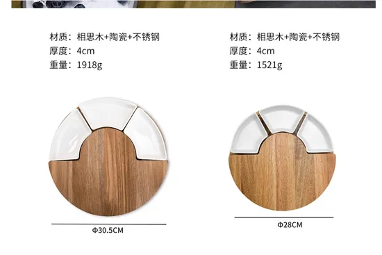 Tabla de quesos de acacia redonda de suministro de fábrica de Fujian con tazones y cuchillos extraíbles