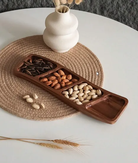 Juego de platos de frutas secas, plato para servir Sushi de madera de Acacia dividido hecho a mano
