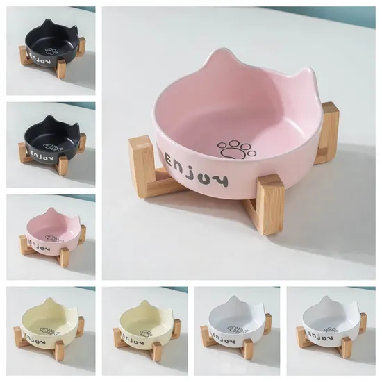 Cuenco de cerámica para perros y gatos con estante de madera de bambú