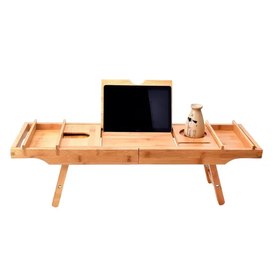 Mesa extensible de bambú con bandeja para bañera y patas plegables