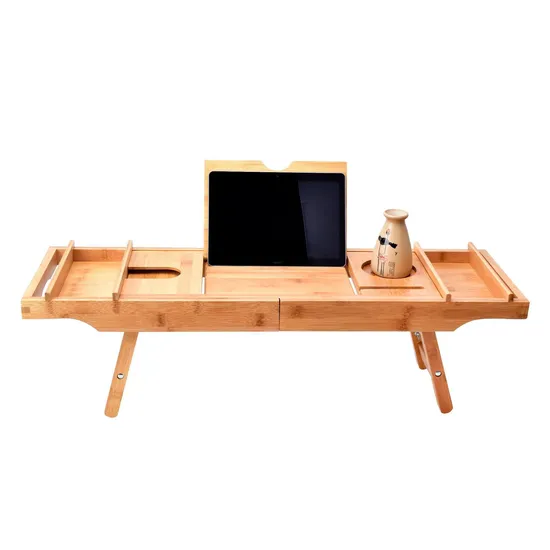 Mesa extensible de bambú con bandeja para bañera y patas plegables
