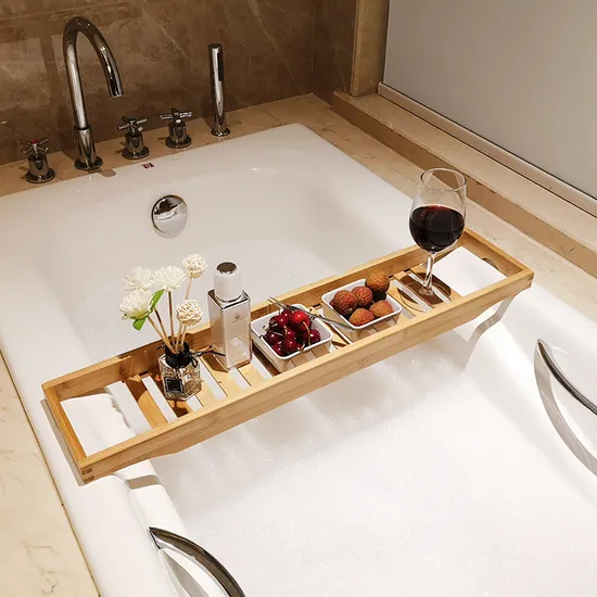 Bandeja Caddy para bañera de baño, venta al por mayor directa de fábrica, con soporte para libros y vinos