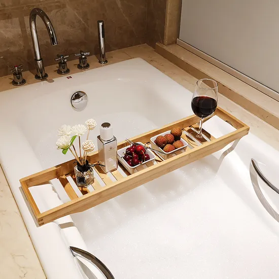 Bandeja Caddy para bañera de baño, venta al por mayor directa de fábrica, con soporte para libros y vinos