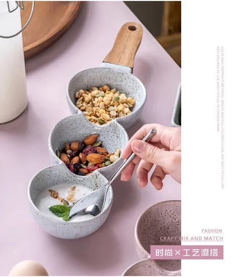 Elegante juego de cuencos de cerámica de 3 piezas con asas de madera para snacks