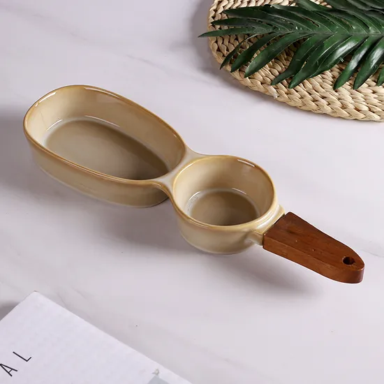 Mango de madera, cuenco de cerámica para aperitivos, plato de cerámica para servir, plato contenedor para ensalada