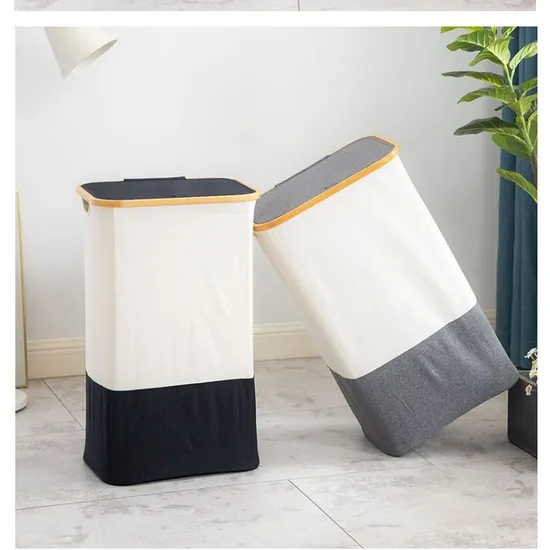 Cesta de almacenamiento de ropa sucia de tela Oxford, grande, de dos tonos, de bambú, para dormitorio