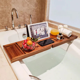 Organizador de ducha de madera de teca ajustable, estante de baño extensible, bandeja Caddy para bañera
