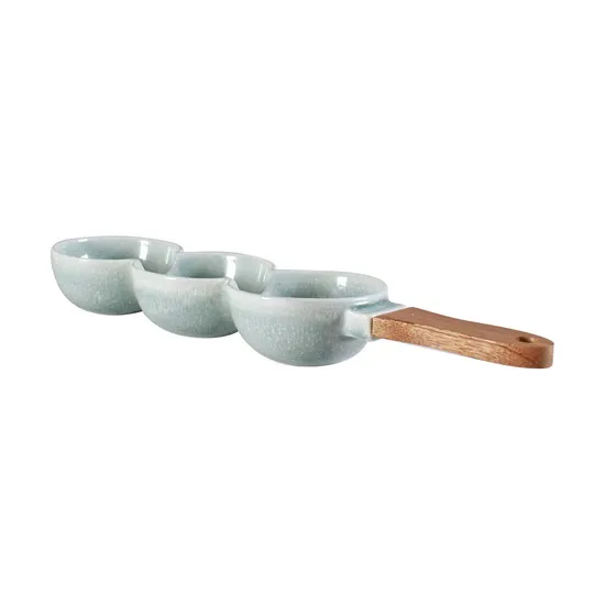 Tazón para servir de 3 partes con mango de madera para salsas, condimentos, condimentos, mezze, refrigerios, nueces y aceitunas