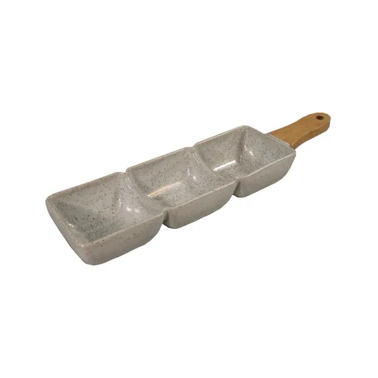 Elegante cuenco de cerámica para refrigerios con divisor y mango de madera