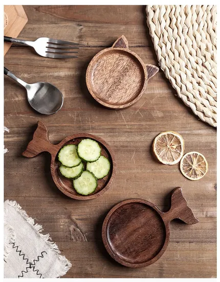 Bandeja/platos para servir de madera de acacia con forma de animal para salsa, refrigerio y sushi.