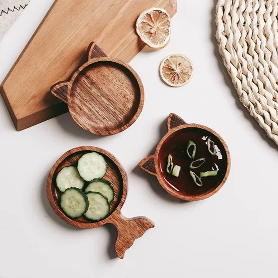 Bandeja/platos para servir de madera de acacia con forma de animal para salsa, refrigerio y sushi.