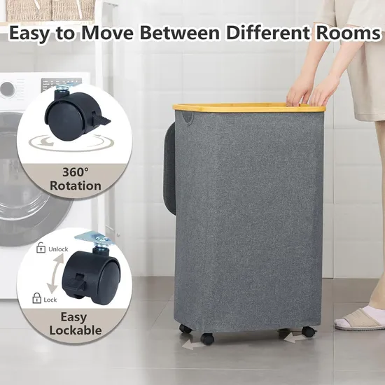 Cesta de lavandería de tela de bambú plegable y con ruedas, con funda y bolsa interior