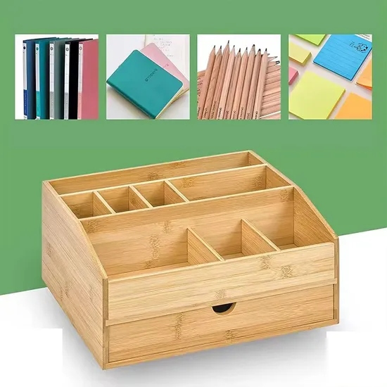 Caja de almacenamiento de escritorio de oficina de bambú, estante de almacenamiento de archivos de oficina con portalápices