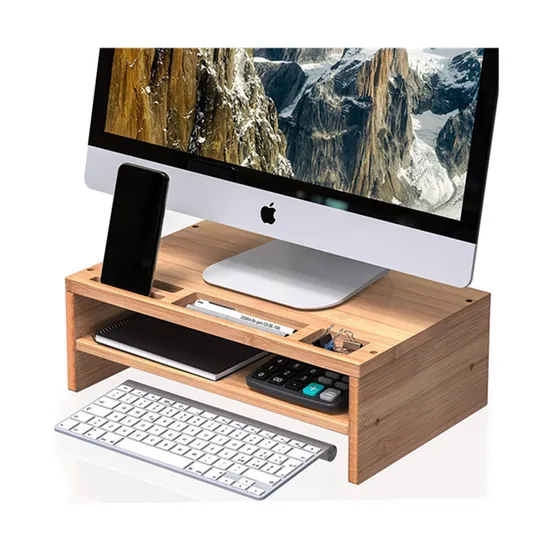 Estante de almacenamiento de escritorio de bambú de doble capa, soporte para Monitor elevador de computadora