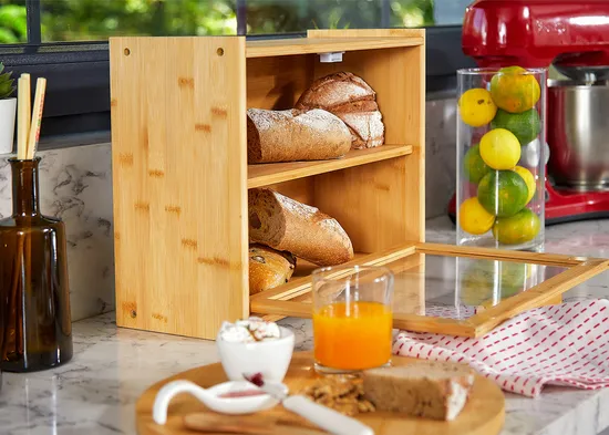 Caja de almacenamiento de pan y pastelería de bambú rectangular transparente para snack