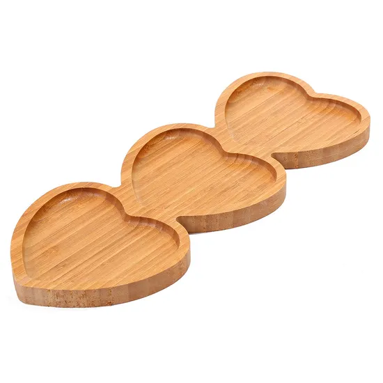 Atractivo 3 platos de bambú divididos en forma de corazón, bandeja de madera para servir comida